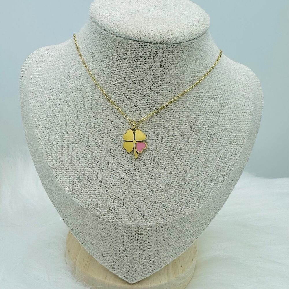 Pink Heart Four-Leaf Clover Pendant Necklace in Gold